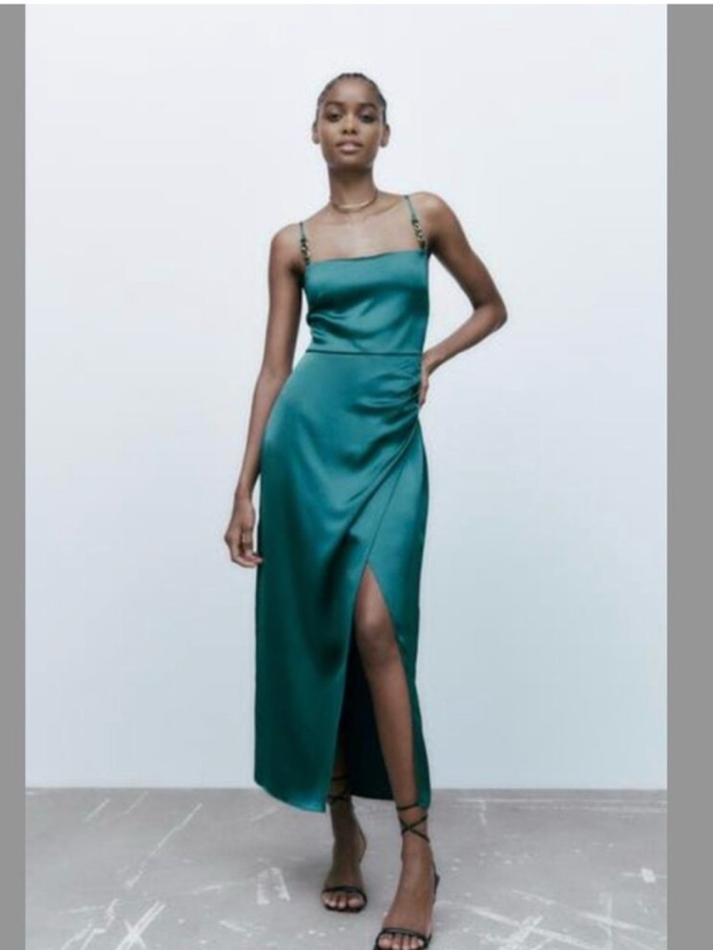 Zara Emerald Green Satin Slip Midi Dress